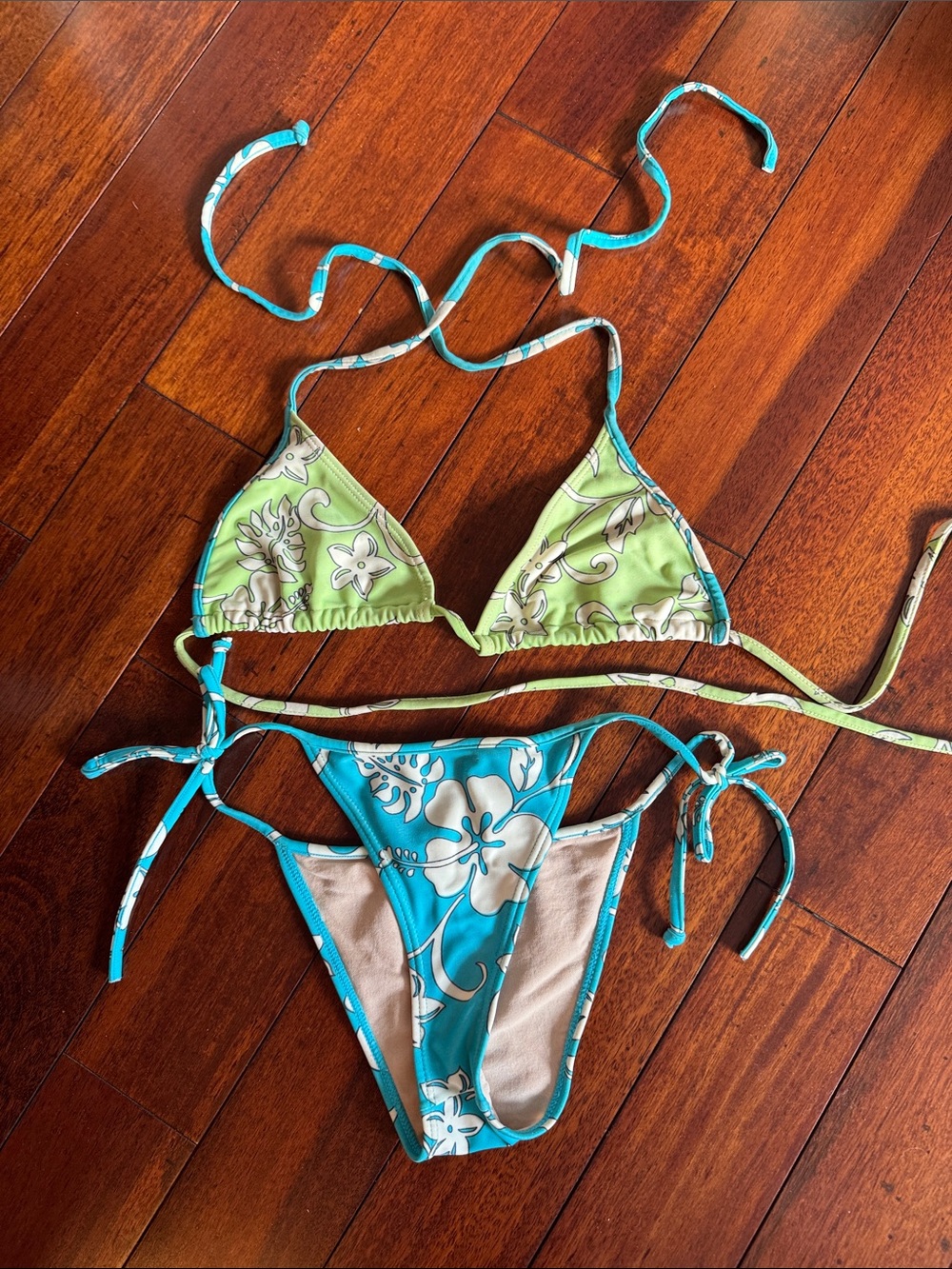 Floral Halter Tie Bikini Set in Turquoise & Lime